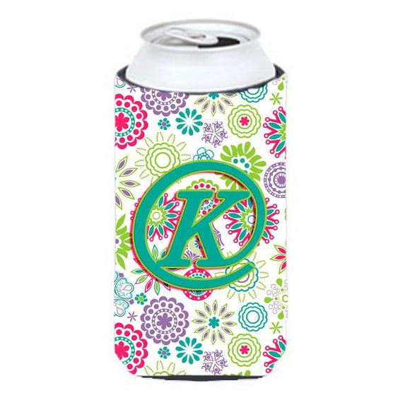 Carolines Treasures CJ2011-KTBC Letter K Flowers Pink Teal Green Initial Tall Boy Beverage Insulator Hugger Tall Boy