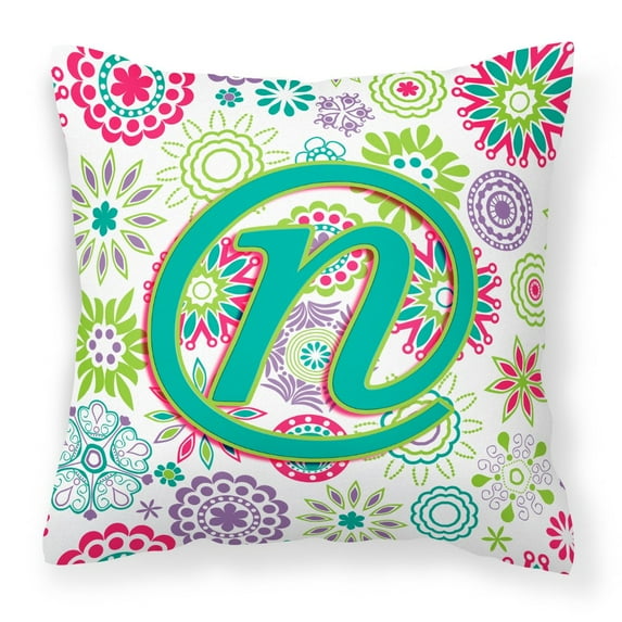 Carolines Treasures CJ2011-NPW1414 Letter N Flowers Pink Teal Green Initial Canvas Fabric Decorative Pillow 14Hx14W