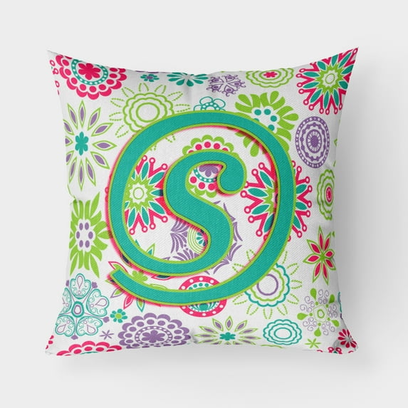 Carolines Treasures CJ2011-SPW1818 Letter S Flowers Pink Teal Green Initial Canvas Fabric Decorative Pillow 18H x18W