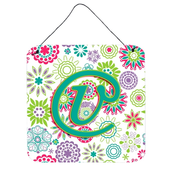 Carolines Treasures CJ2011-VDS66 Letter V Flowers Pink Teal Green Initial Wall or Door Hanging Prints 6HX6W multicolor