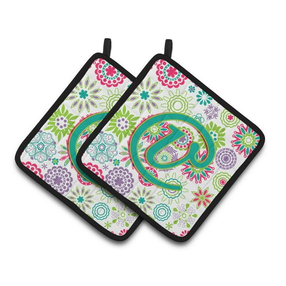 Carolines Treasures CJ2011-VPTHD Letter V Flowers Pink Teal Green Initial Pair of Pot Holders, 7.5HX7.5W, multicolor