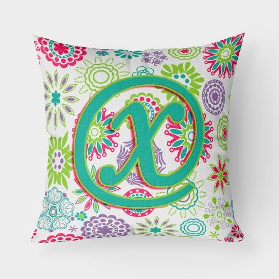 Carolines Treasures CJ2011-XPW1818 Letter X Flowers Pink Teal Green Initial Canvas Fabric Decorative Pillow 18H x18W
