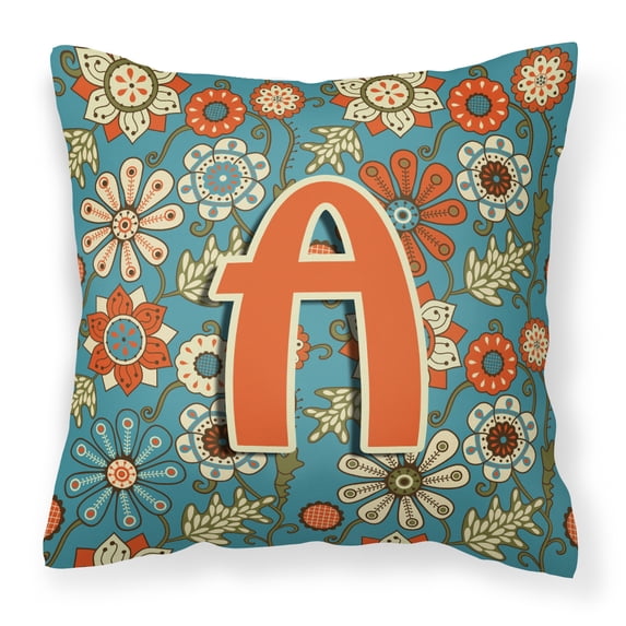 Carolines Treasures CJ2012-APW1414 Letter A Flowers Retro Blue Canvas Fabric Decorative Pillow 14Hx14W multicolor