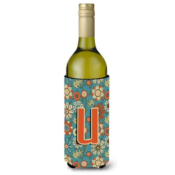 Carolines Treasures CJ2012-ULITERK Letter U Flowers Retro Blue Wine Bottle Beverage Insulator Hugger Wine Bottle