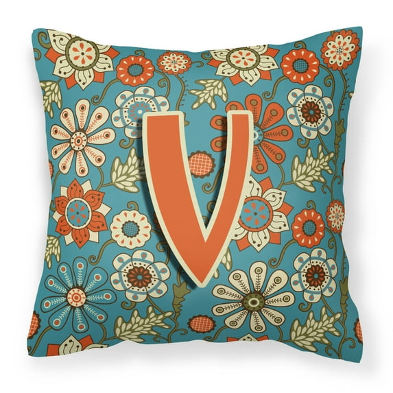 Carolines Treasures CJ2012-VPW1414 Letter V Flowers Retro Blue Canvas Fabric Decorative Pillow