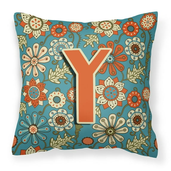 Carolines Treasures CJ2012-YPW1414 Letter Y Flowers Retro Blue Canvas Fabric Decorative Pillow  14Hx14W multicolor