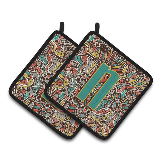 Letter N Retro Tribal Alphabet Initial Pair of Pot Holders