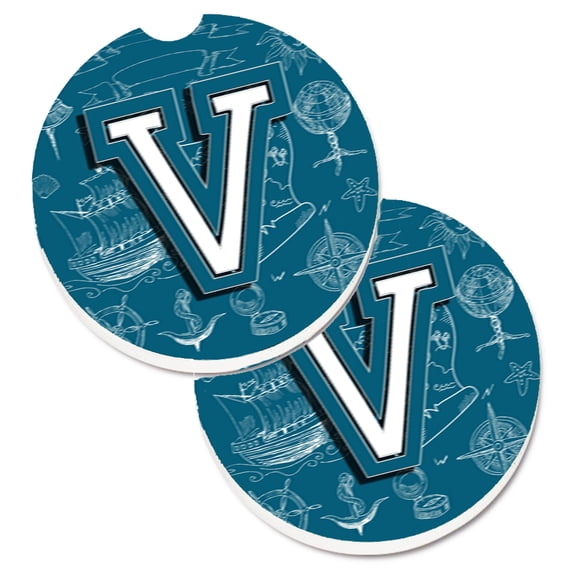Carolines Treasures CJ2014-VCARC Letter V Sea Doodles Initial Alphabet Set of 2 Cup Holder Car Coasters Large