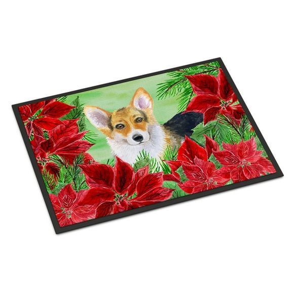 Carolines Treasures CK1291MAT Pembroke Corgi Poinsettas Door Mat Indoor Rug or Outdoor Welcome Mat 18x27 Doormat  27"L x