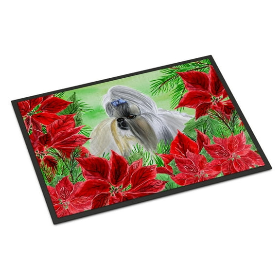 Carolines Treasures CK1314MAT Shih Tzu Poinsettas Door Mat Indoor Rug or Outdoor Welcome Mat 18x27 Doormat  27"L x 18"W