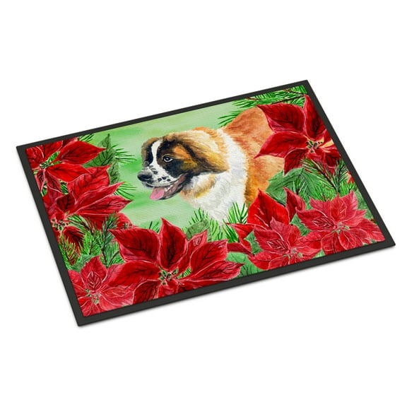 Carolines Treasures CK1327MAT Saint Bernard Poinsettas Door Mat Indoor Rug or Outdoor Welcome Mat 18x27 Doormat  27"L x