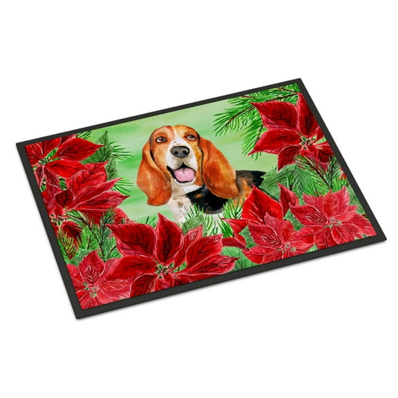 Carolines Treasures CK1352JMAT Basset Hound Poinsettas Door Mat Indoor Rug or Outdoor Welcome Mat 24x36 Doormat  36"L x