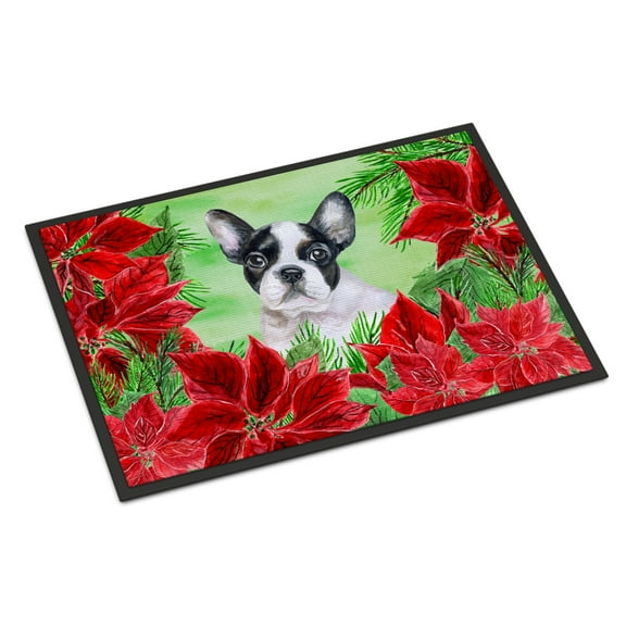 Carolines Treasures CK1358JMAT French Bulldog Black White Poinsettas Door Mat Indoor Rug or Outdoor Welcome Mat 24x36
