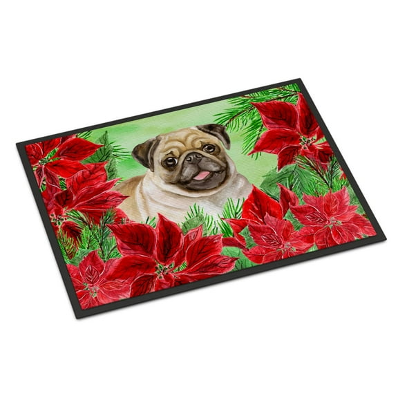 Carolines Treasures CK1365MAT Fawn Pug Poinsettas Door Mat Indoor Rug or Outdoor Welcome Mat 18x27 Doormat  27"L x 18"W