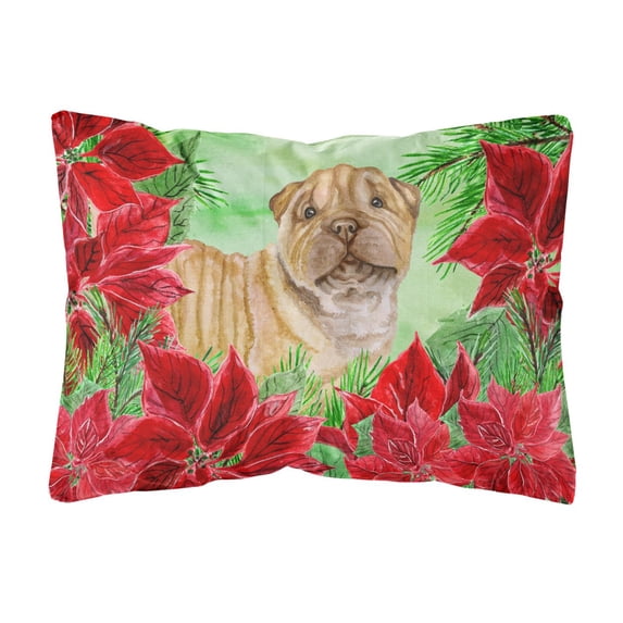 Carolines Treasures CK1366PW1216 Shar Pei Puppy Poinsettas Canvas Fabric Decorative Pillow 12H x16W multicolor