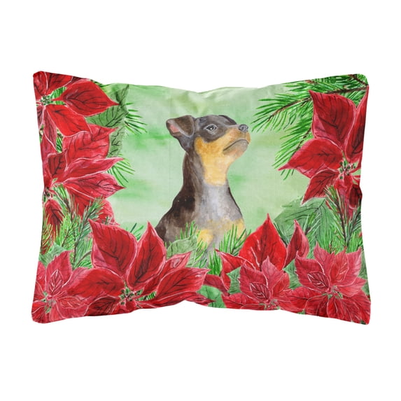 Miniature Pinscher #2 Poinsettas Canvas Fabric Decorative Pillow