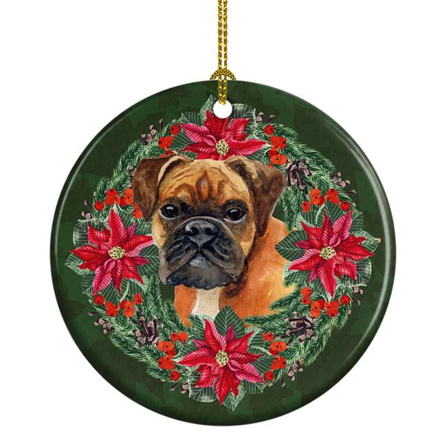 German Boxer Poinsetta Wreath Ceramic Ornament 2.8 in x 2.8 in