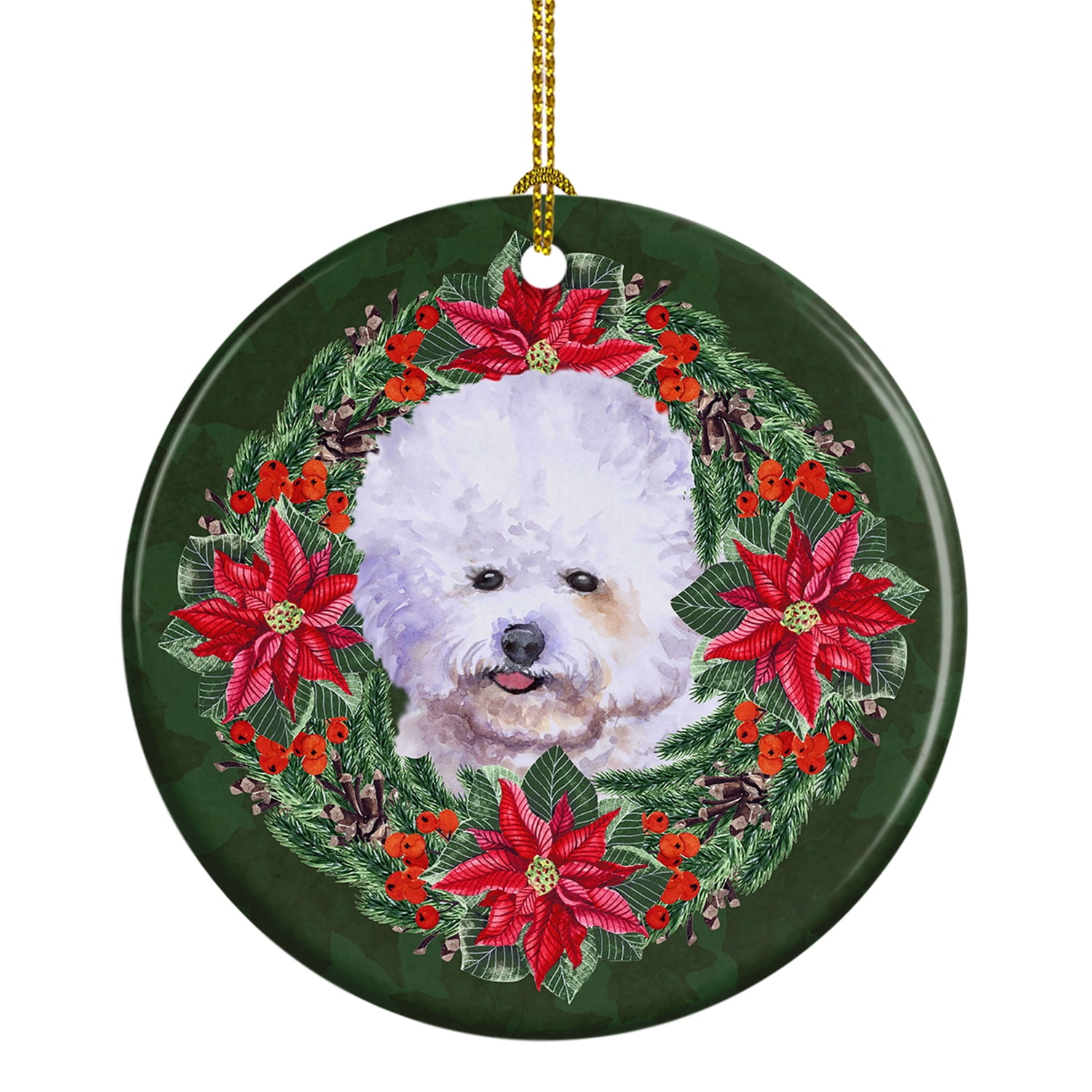 Bichon Frise Poinsetta Wreath Ceramic Ornament 2.8 in x 2.8 in