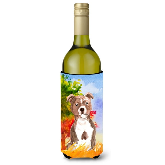 Carolines Treasures CK1933LITERK Fall Red Staffordshire Bull Terrier Wine Bottle Beverage Insulator Hugger  Wine Bottle
