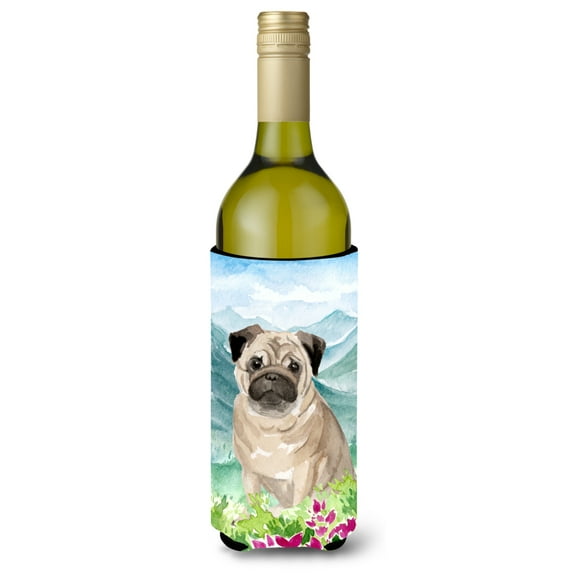 Carolines Treasures CK1969LITERK Mountian Flowers Fawn Pug Wine Bottle Beverage Insulator Hugger Wine Bottle multicolor