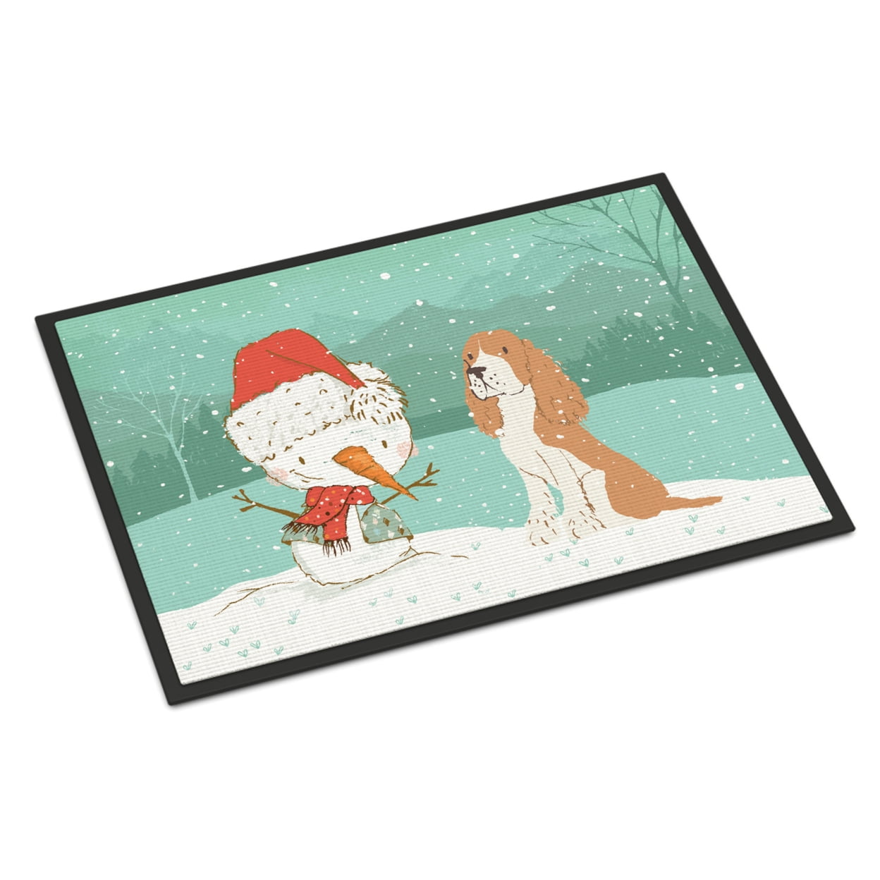Red Spaniel Snowman Christmas Door Mat