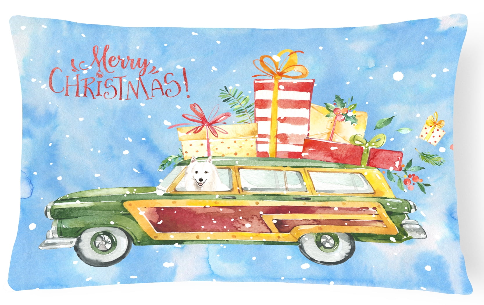 Carolines Treasures CK2410PW1216 Merry Christmas Japanese Spitz Canvas Fabric Decorative Pillow 12H x16W multicolor