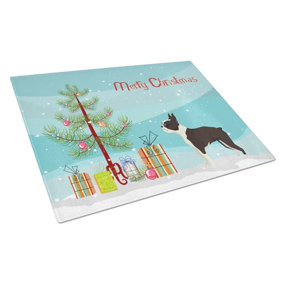 Carolines Treasures CK3525LCB Boston Terrier Christmas Tree Glass Cutting Board Large, 12H x 16W, multicolor
