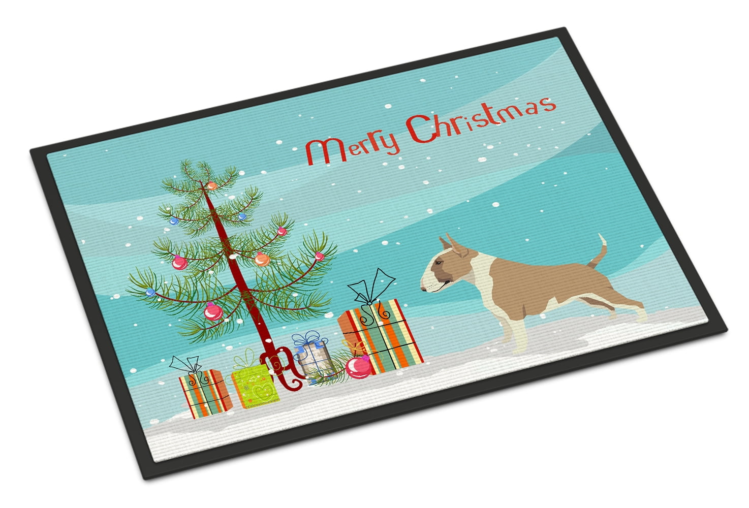 Carolines Treasures CK3528JMAT Fawn and White Bull Terrier Christmas Tree Door Mat Indoor Rug or Outdoor Welcome Mat