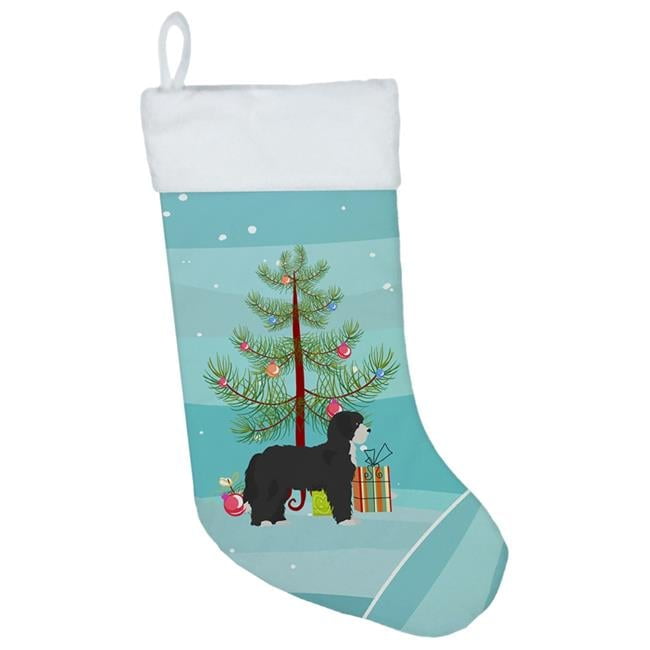Festive Blue and White Polyester Suede Christmas Stocking with Sheepadoodle Design