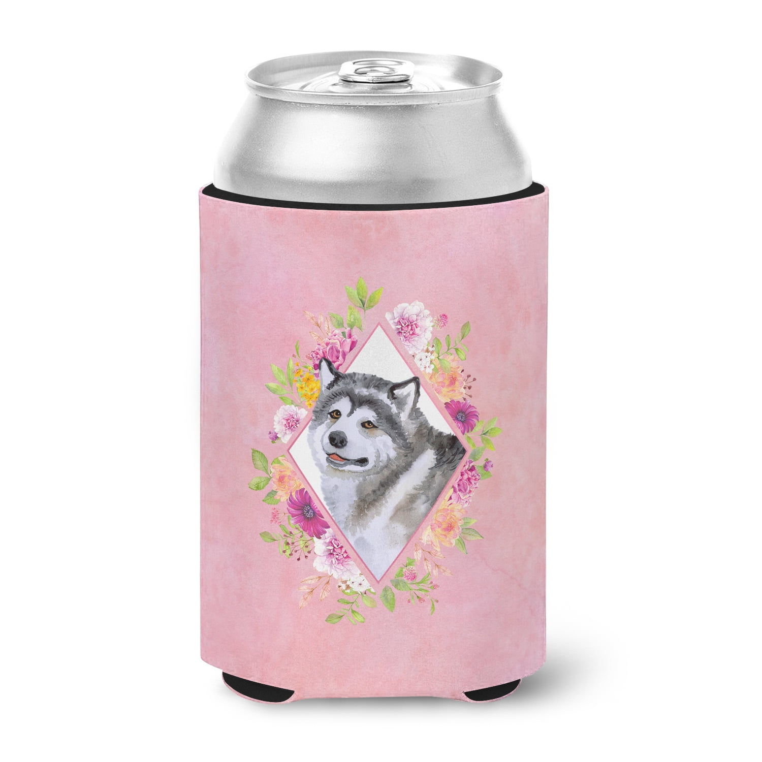 Carolines Treasures CK4112CC Alaskan Malamute Pink Flowers Can or Bottle Hugger Can Hugger multicolor