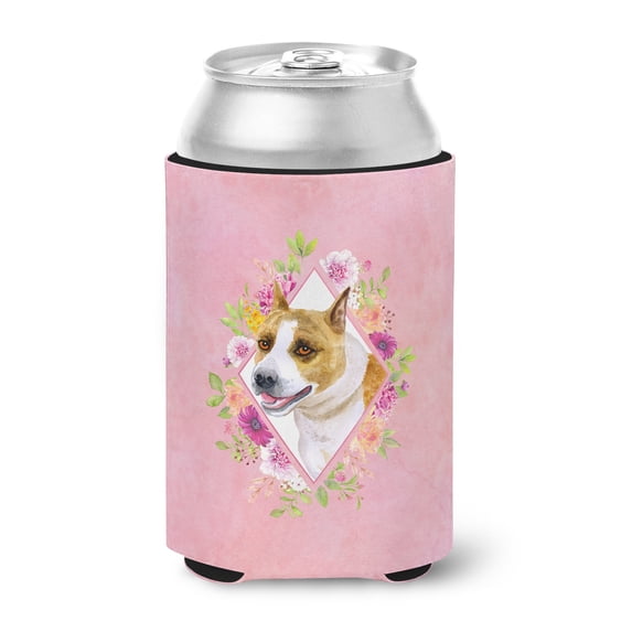 Carolines Treasures CK4114CC Bull Terrier Pink Flowers Can or Bottle Hugger Can Hugger multicolor