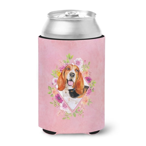 Carolines Treasures CK4116CC Basset Hound Pink Flowers Can or Bottle Hugger Can Hugger multicolor