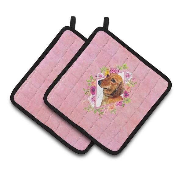 Carolines Treasures CK4134PTHD Dachshund Red 1 Pink Flowers Pair of Pot Holders 7.5HX7.5W multicolor