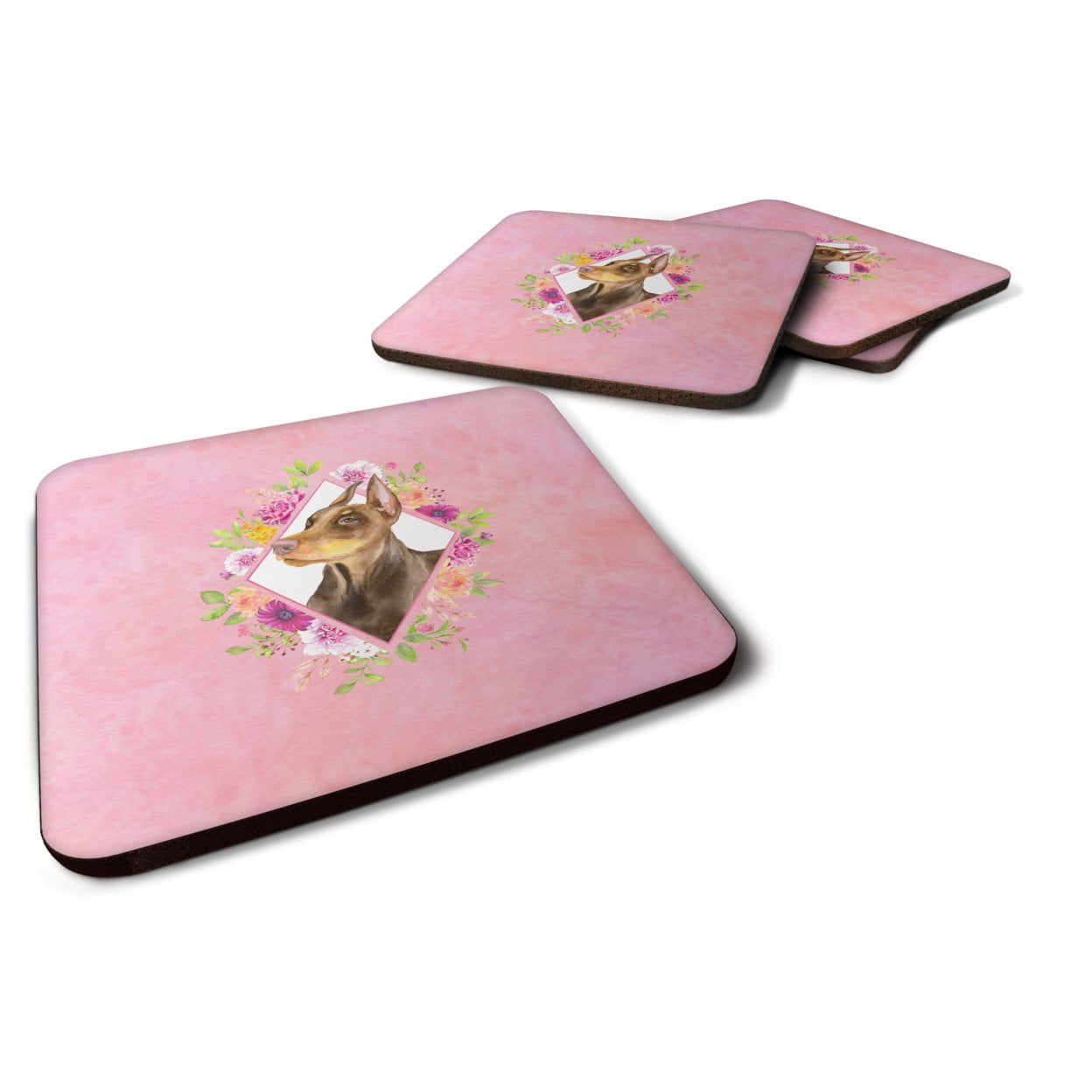 Carolines Treasures CK4138FC Doberman Pinscher Pink Flowers Foam Coaster Set of 4 3 1/2 x 3 1/2 multicolor