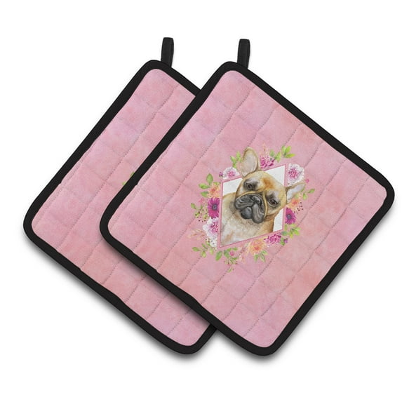 Carolines Treasures CK4144PTHD Fawn French Bulldog Pink Flowers Pair of Pot Holders 7.5HX7.5W multicolor