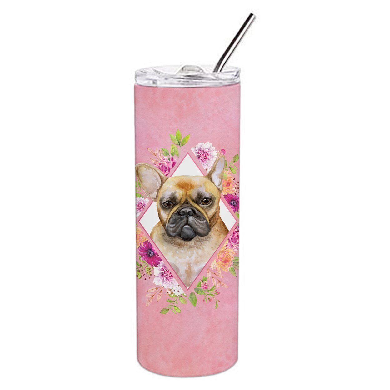 Fawn French Bulldog Pink Flowers Double Walled Stainless  French Bulldog Fawn #3 Stainless Steel 20 oz Skinny Tumbler, Pink main image 1