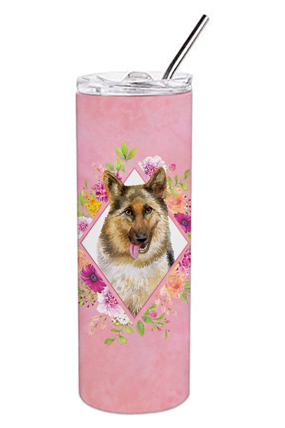 Carolines Treasures CK4146TBL20 German Shepherd Design1 Pink Flowers Stainless Steel 20 oz Skinny Tumbler 20 oz