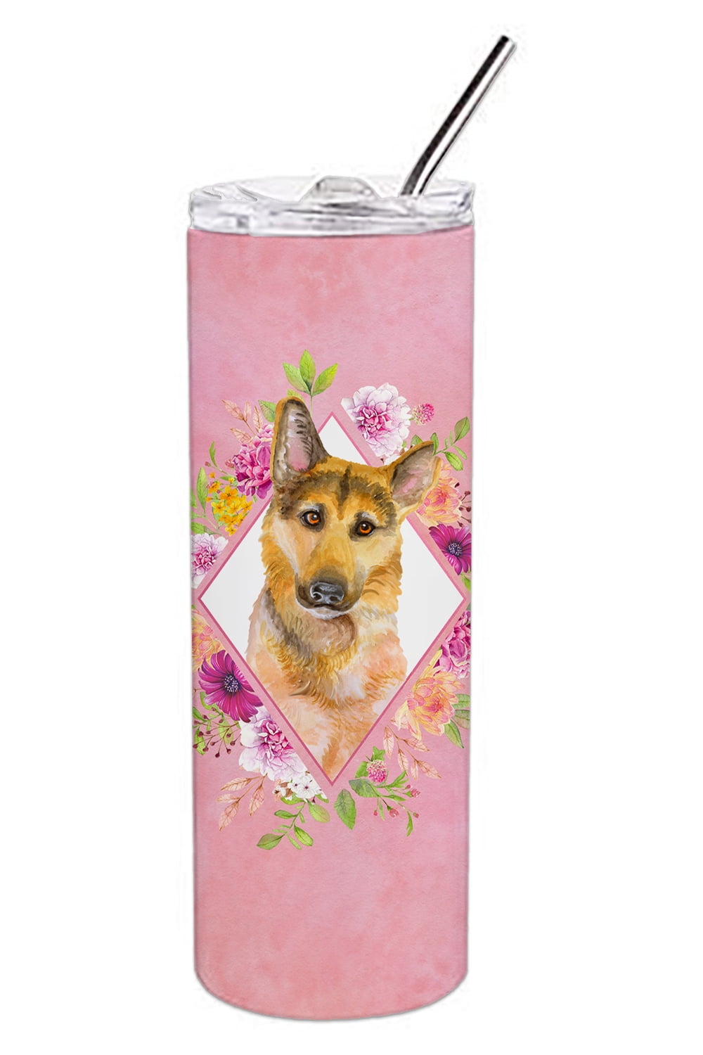 Carolines Treasures CK4147TBL20 German Shepherd Design2 Pink Flowers Stainless Steel 20 oz Skinny Tumbler 20 oz
