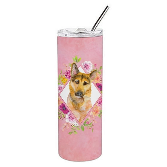 Carolines Treasures CK4147TBL20 German Shepherd Design2 Pink Flowers Stainless Steel 20 oz Skinny Tumbler 20 oz