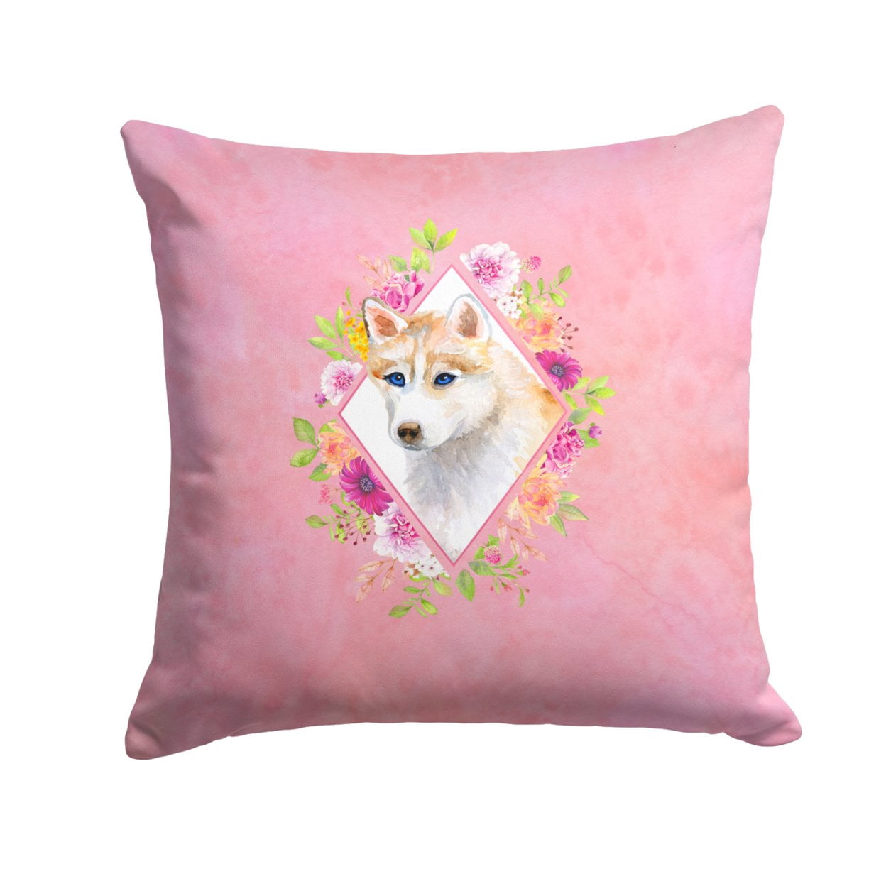 Carolines Treasures CK4148PW1414 Red Siberian Husky Pink Flowers Fabric Decorative Pillow 14Hx14W multicolor