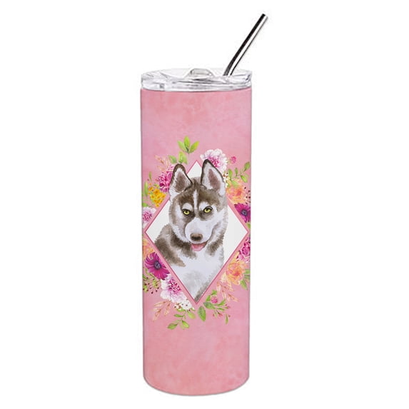 Carolines Treasures CK4152TBL20 20 oz Siberian Husky No.2 Pink Flowers Double Walled Stainless Steel Skinny Tumbler