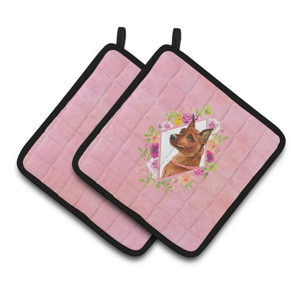 Carolines Treasures CK4161PTHD Miniature Pinscher Pink Flowers Pair of Pot Holders 7.5HX7.5W multicolor