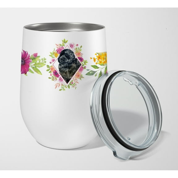 Carolines Treasures CK4163TBL12 Newfoundland Pink Flowers Stainless Steel 12 oz Stemless Wine Glass 12 oz multicolor