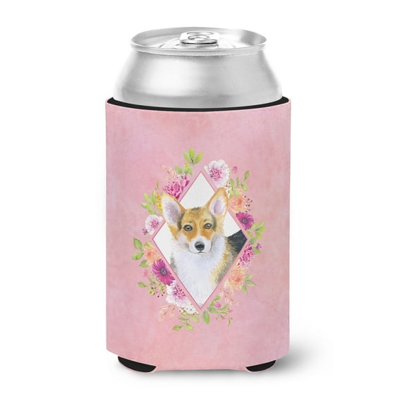 Carolines Treasures CK4167CC Corgi Pink Flowers Can or Bottle Hugger Can Hugger multicolor