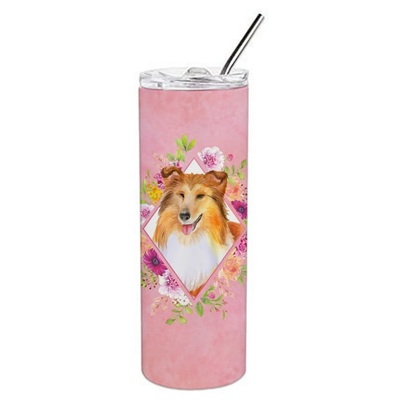 Carolines Treasures CK4182TBL20 Sheltie Shetland Sheepdog Pink Flowers Stainless Steel 20 oz Skinny Tumbler 20 oz