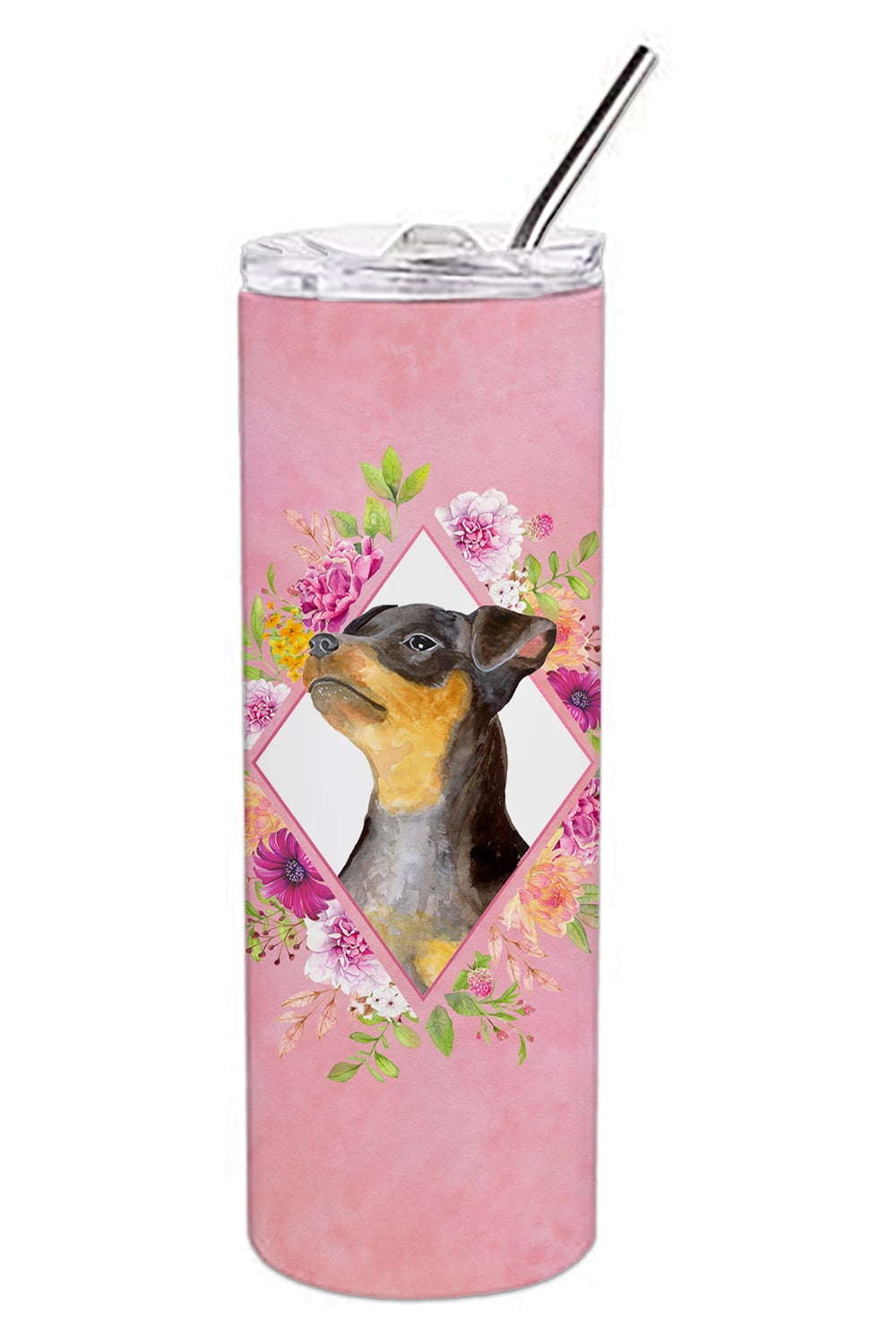 Carolines Treasures CK4196TBL20 Black Miniature Pinscher Pink Flowers Stainless Steel 20 oz Skinny Tumbler 20 oz