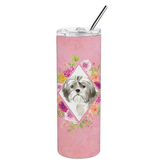 Carolines Treasures CK4211TBL20 Shih Tzu Puppy Pink Flowers Stainless Steel 20 oz Skinny Tumbler 20 oz multicolor