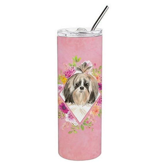 Carolines Treasures CK4212TBL20 Shih Tzu Pink Flowers Stainless Steel 20 oz Skinny Tumbler 20 oz multicolor