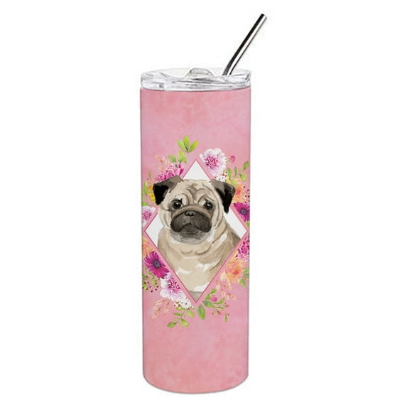 Carolines Treasures CK4218TBL20 Fawn Pug Pink Flowers Stainless Steel 20 oz Skinny Tumbler 20 oz multicolor