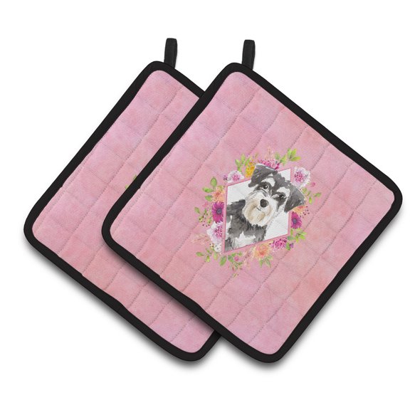 Schnauzer #2 Pink Flowers Pair of Pot Holders